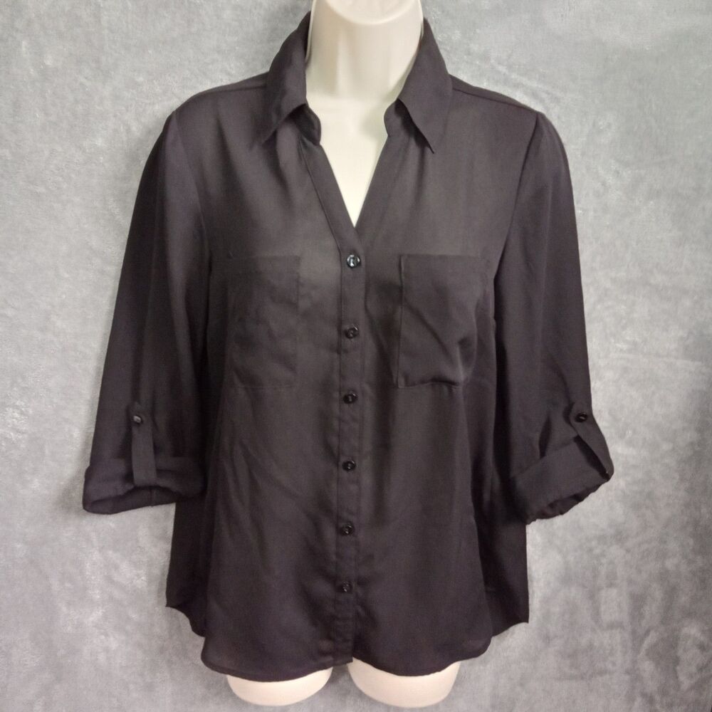B Wear Women Medium Black 3/4 Roll Tab Sleeves‎ V Neck Pockets